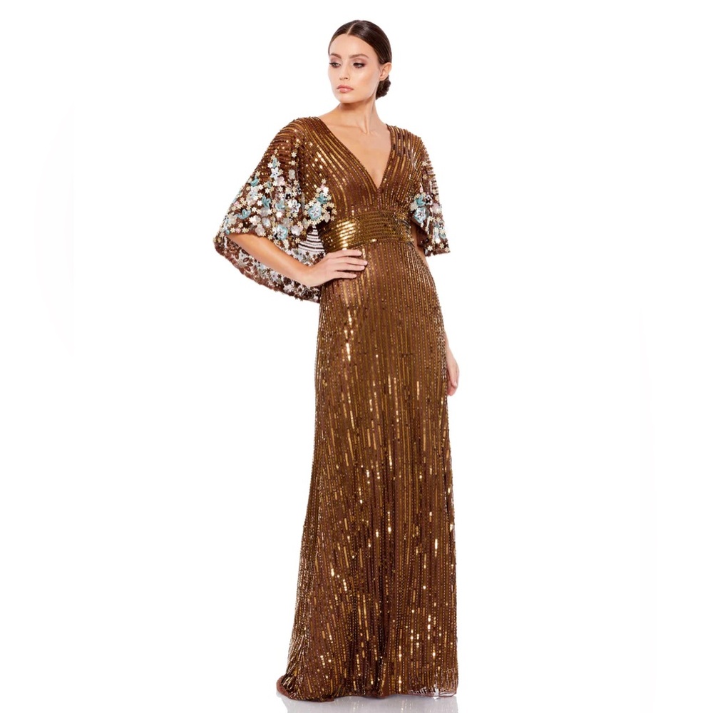Mac duggal  Sequin V-neck Floral  Embellished Cape Sleeve Gown